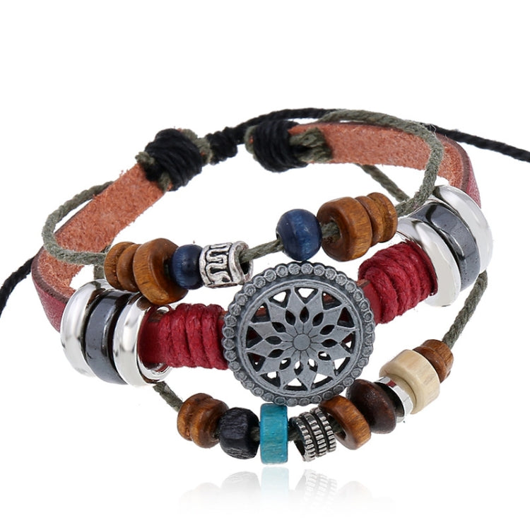 Beaded leather bracelet with circular silver charm, red and brown beads, silver tube accents