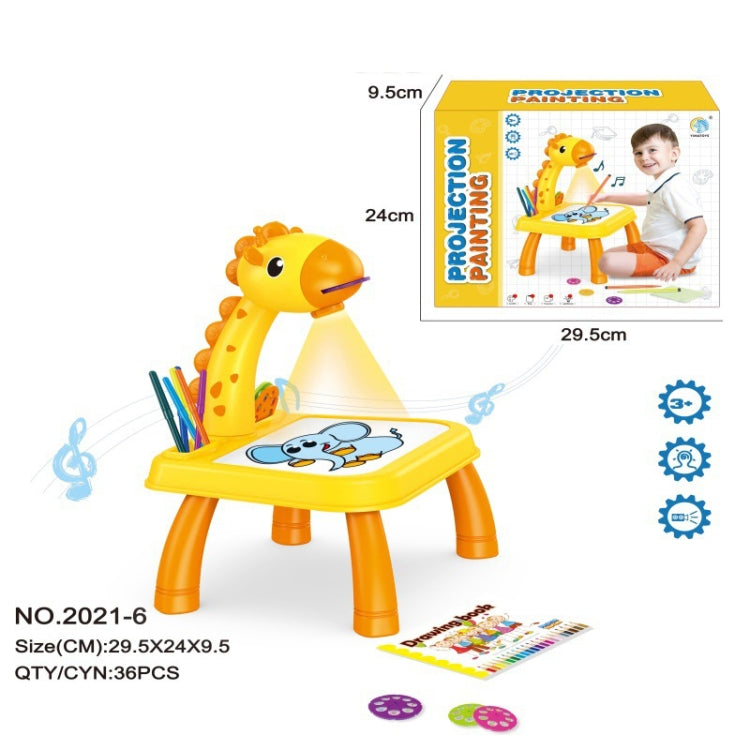 Yellow giraffe kids projection painting table with pencil holder, art cards, and packaging