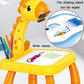 Yellow giraffe-themed kids drawing and writing board with pen tray and colored markers