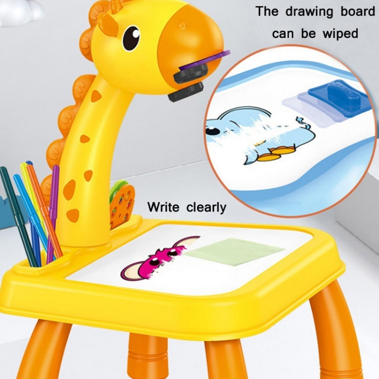 Yellow giraffe-themed kids drawing and writing board with pen tray and colored markers