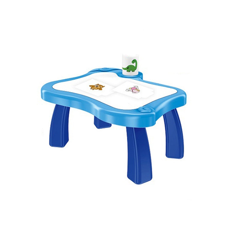 Blue kids projection painting table with white drawing pad and animal picture icons
