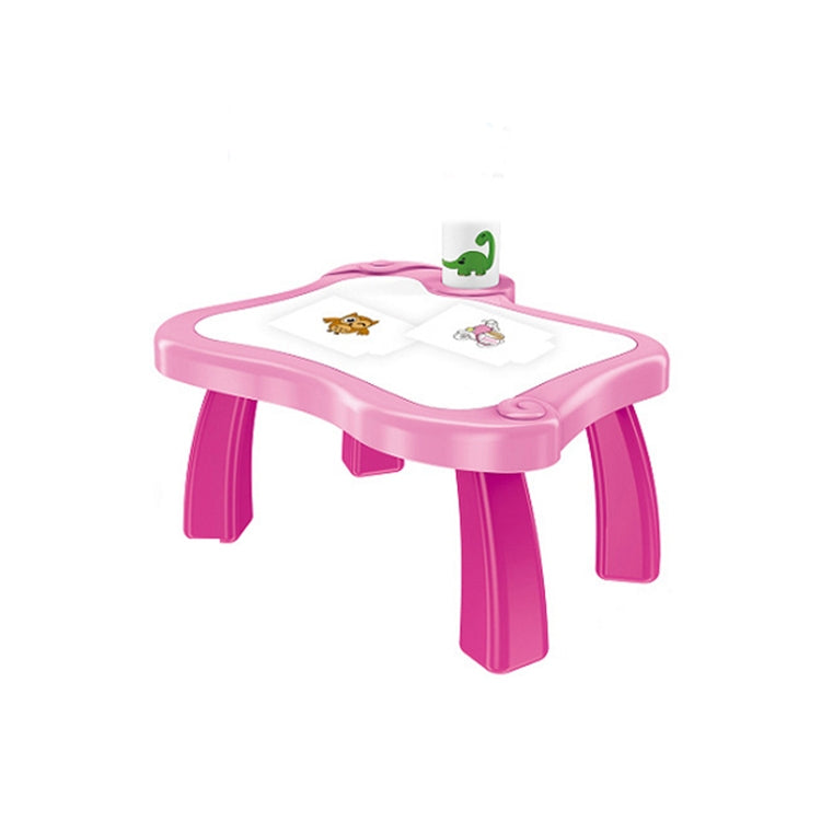 Pink kids projection painting table with white drawing pad and animal picture icons