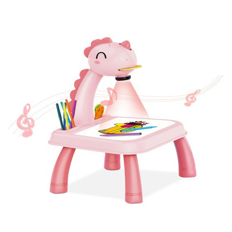 Pink dinosaur kids projection painting table with pencil holder and colorful drawing shapes