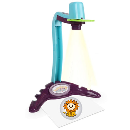 Children’s drawing projection lamp in blue with purple base and lion slide