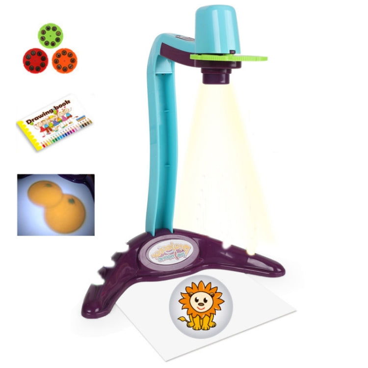 Children’s drawing projection lamp in blue with purple base and lion slide