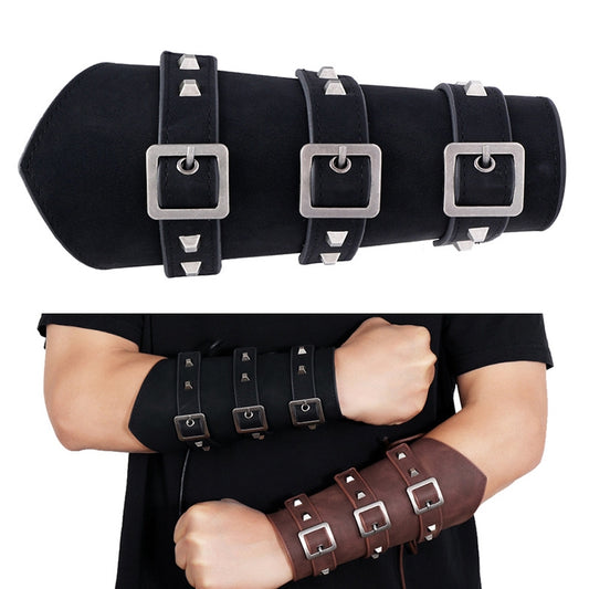 P01994 Men Leather Bracer Personality Punk Riding Arm Guard, Geometry Rivet