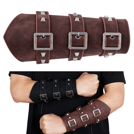 P01994 Men Leather Bracer Personality Punk Riding Arm Guard, Geometry Rivet