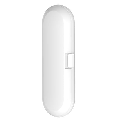 White electric toothbrush travel case with snap latch and side strap slot