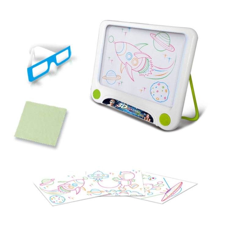 3D luminous drawing board with neon space planets and rocket outlines, green side buttons