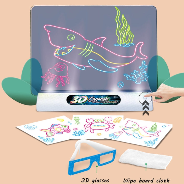 3D luminous drawing set with glowing board, 3D glasses, and wipe cloth