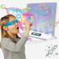 Child drawing on a 3D luminous board with neon space outlines and 3D glasses