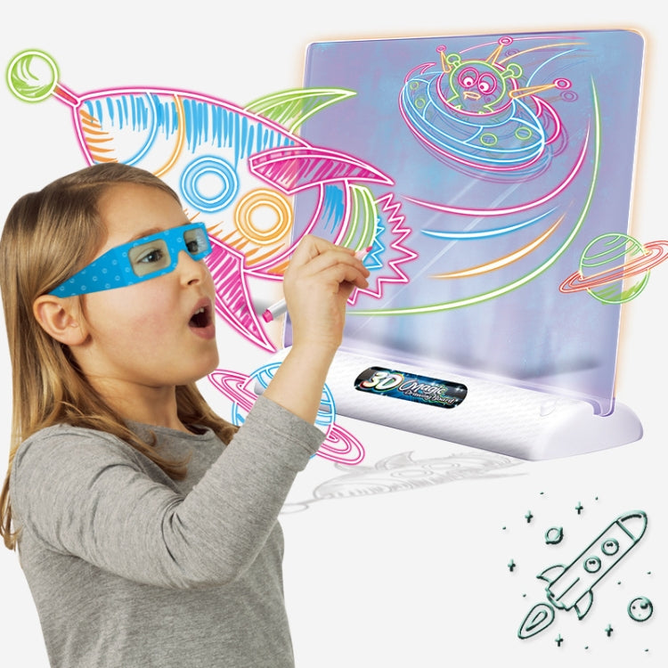 Child drawing on a 3D luminous board with neon space outlines and 3D glasses