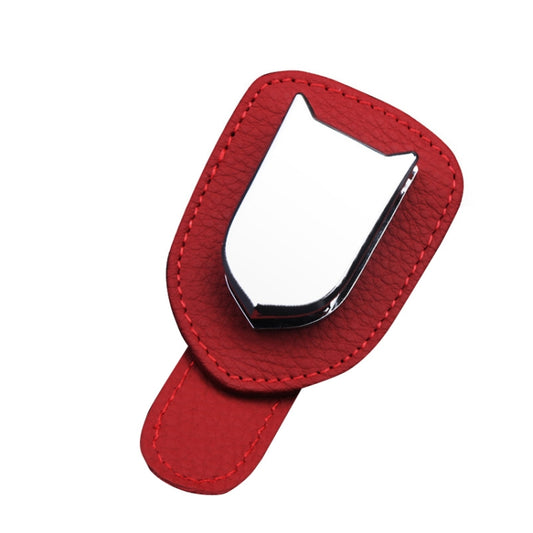 Red leather sun visor glasses clip holder with teardrop frame