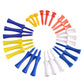 Round display of assorted plastic needle golf ball tees in blue, yellow, red, orange, and white