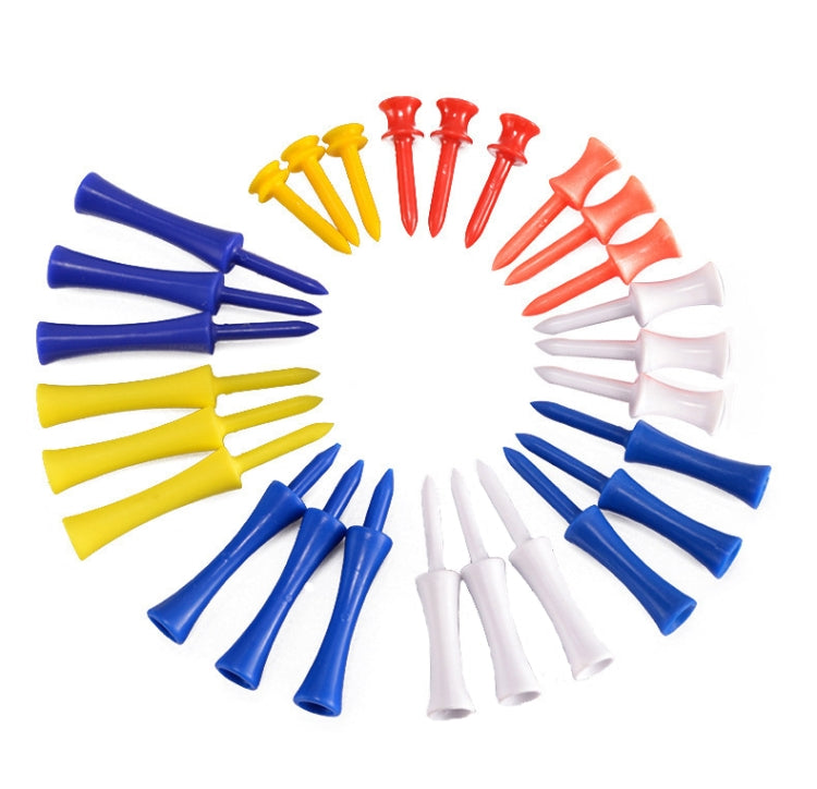 Round display of assorted plastic needle golf ball tees in blue, yellow, red, orange, and white