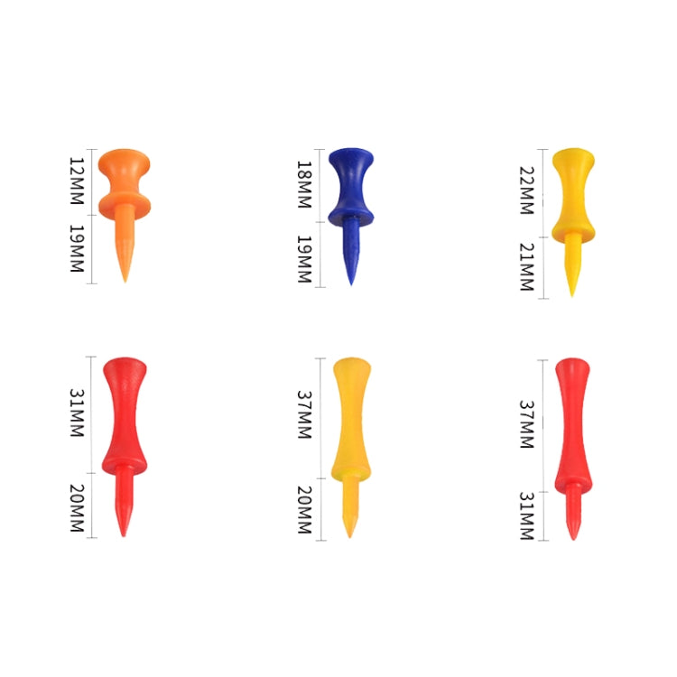 Needle golf ball tees shown in multiple lengths and colors, with labeled size dimensions