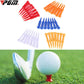 Assorted plastic golf ball tees with colored heads: red, orange, blue, white, and yellow