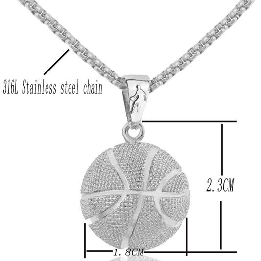 Silver-tone basketball pendant necklace with ball charm and chain length markings