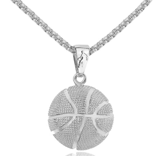 Silver-tone basketball pendant necklace with round ball charm on link chain