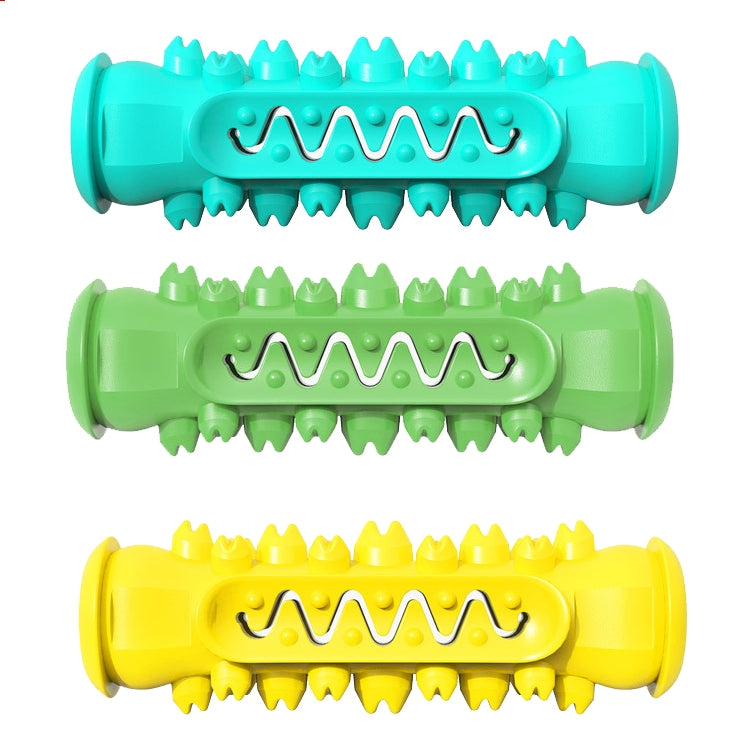 Dog molar stick toothbrush, teal-blue, green, and yellow chew toys with ridged spikes