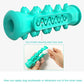 Teal-blue dog molar stick toothbrush with ridged front and spikes; shown held by hand