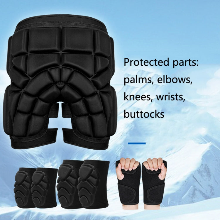 Black padded hip protector with molded panels plus matching hand and knee guards