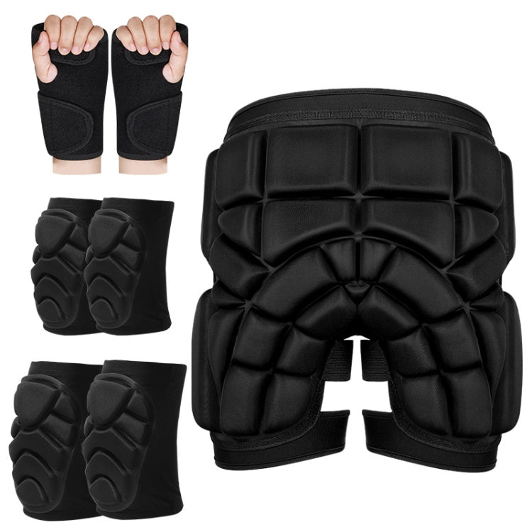 Black padded hip protector set with molded guards for elbows, wrists, and hands