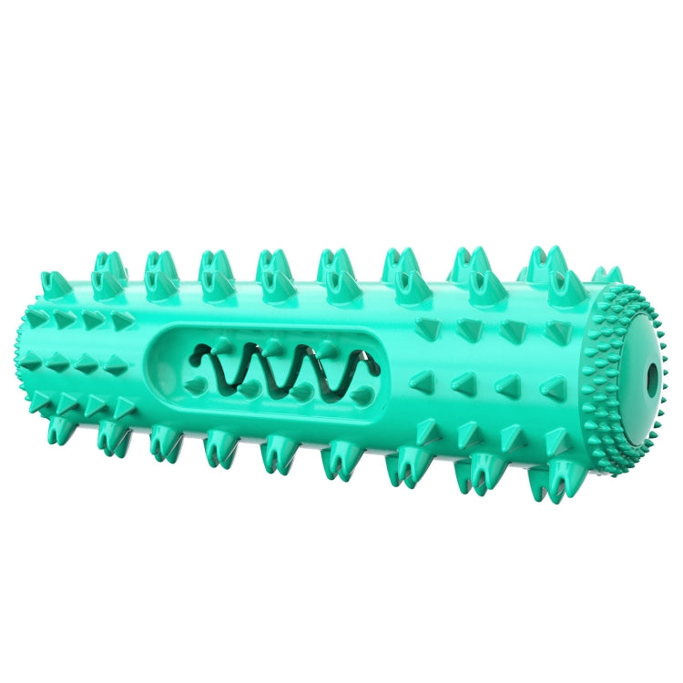 Turquoise spiked dog dental chew toy with circular end opening