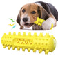 Yellow spiked dog dental chew toy held by a beagle