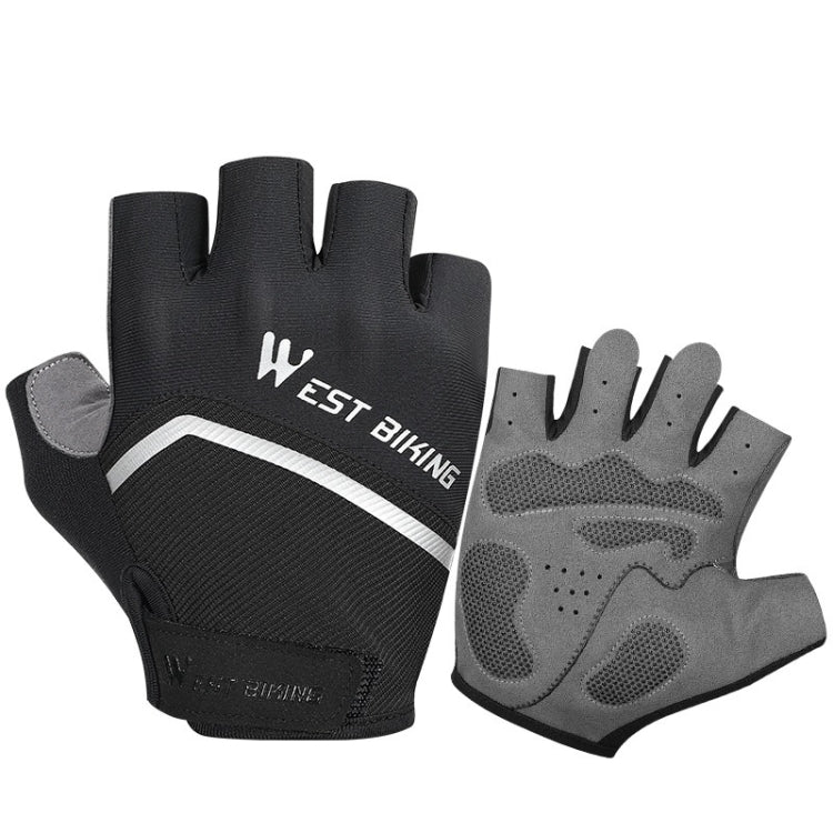 Bicycle riding shock-absorbing half-finger gloves in black with white stripe and logo