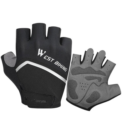 Bicycle riding shock-absorbing half-finger gloves in black with white stripe and logo