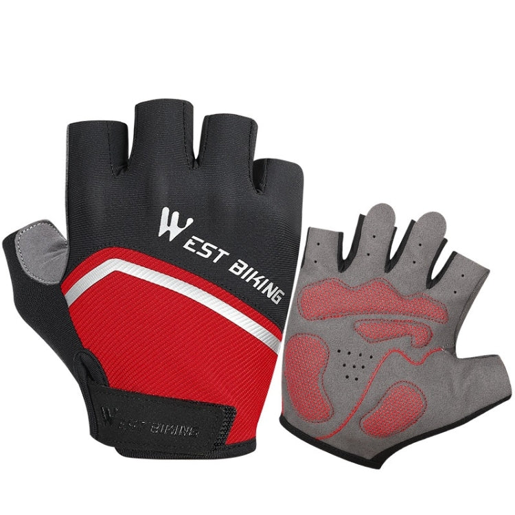 Bicycle riding shock-absorbing half-finger gloves in black with red stripe and padded palm