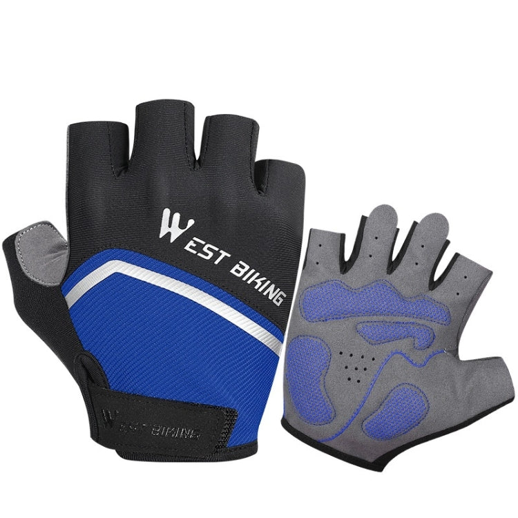 Bicycle riding shock-absorbing half-finger gloves in black with blue stripe and blue knuckle pads