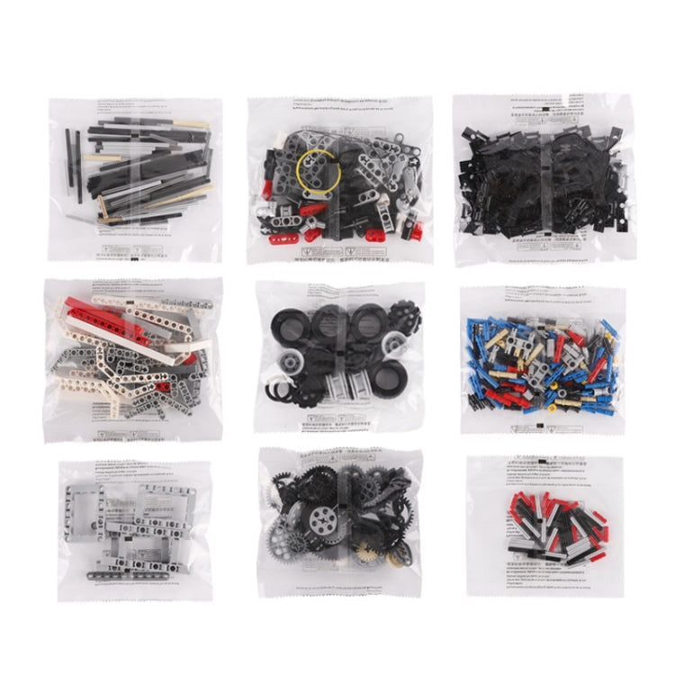 Robot building blocks spare parts in plastic bags, assorted gears, rods, and connectors
