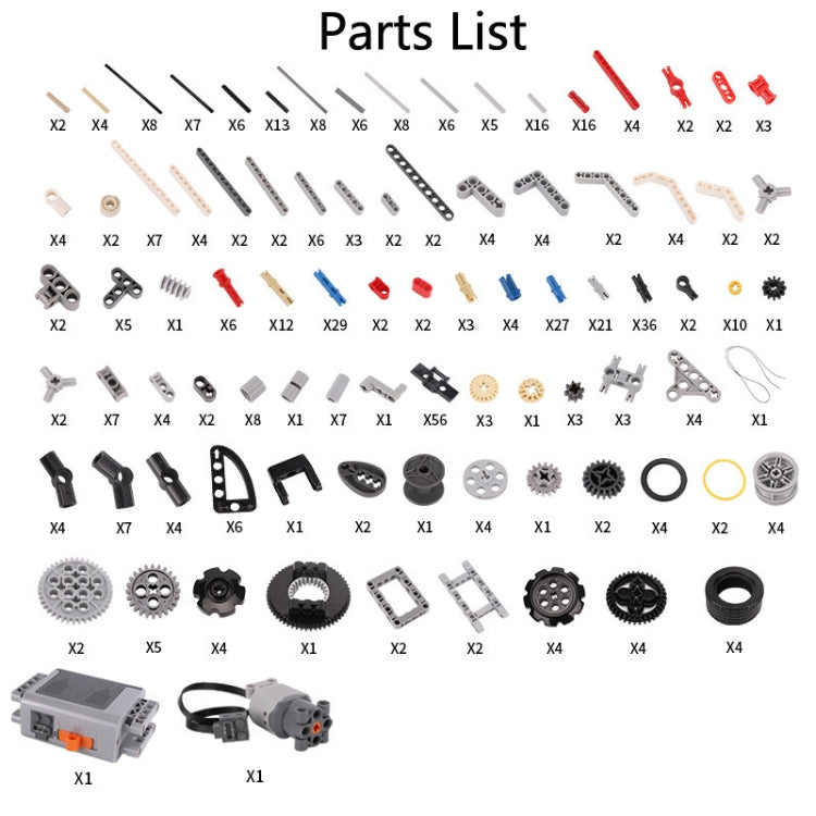 Robot building blocks part inventory sheet with gears, rods, pins, and wheels