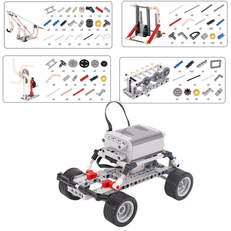 Assembled robot rover from building blocks with gray motor unit and front frame