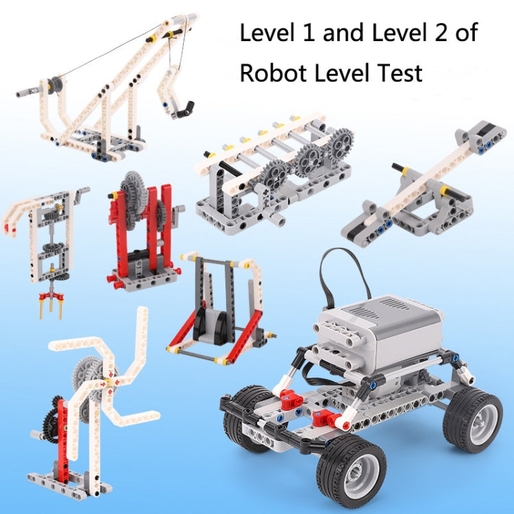 Robot building blocks set showing several constructed robots with wheels, arms, and frames