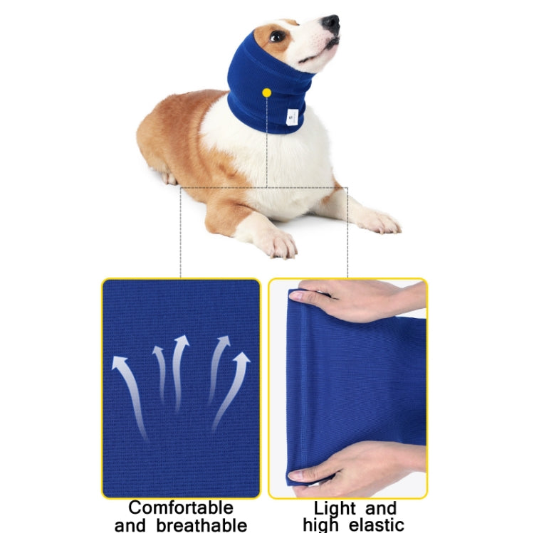 Blue knitted dog headscarf with stretchy ribbed fabric panels