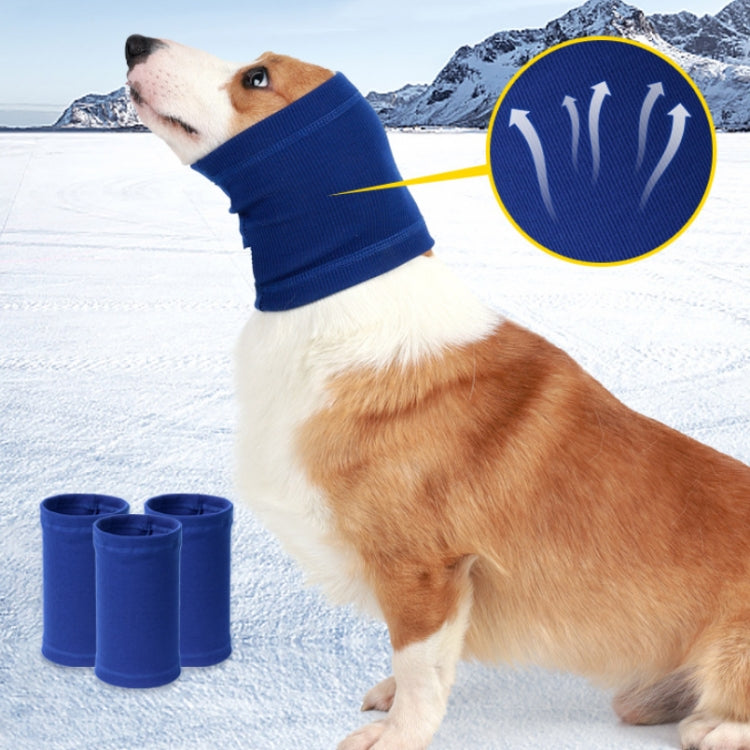 Blue ribbed knit dog headscarf on side view, with rolled spare pieces
