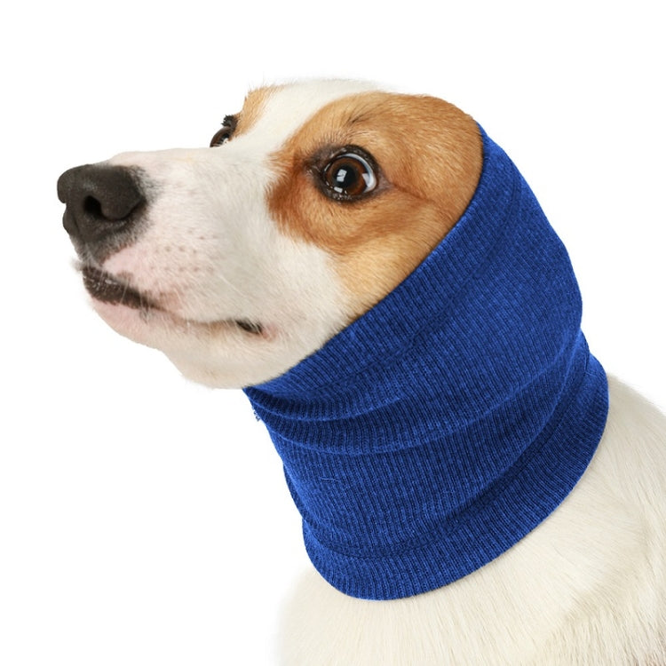 Blue ribbed knit dog headscarf, covering ears and neck