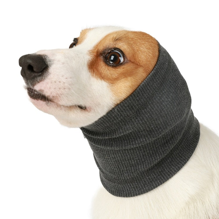 Dark grey ribbed knit dog headscarf covering ears and neck