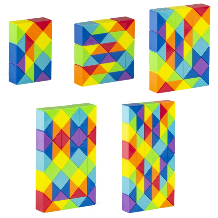 Rainbow block segment puzzle cube shown from multiple angles, solid geometric pattern