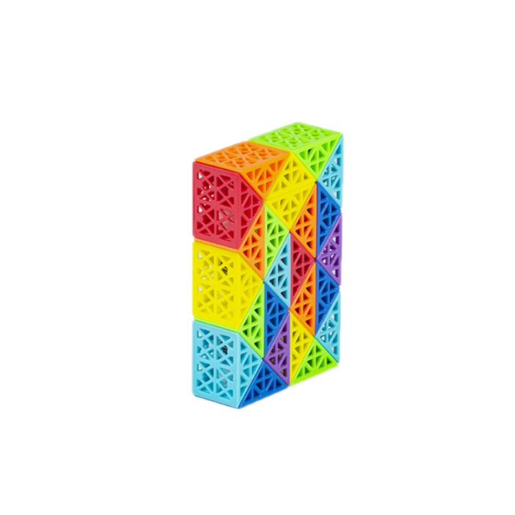 Hollow rainbow segment puzzle cube with lattice cutouts and geometric patterns