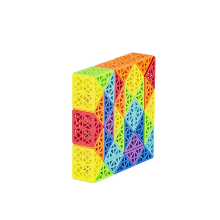 Hollow rainbow segment puzzle cube with lattice-textured blocks, geometric design