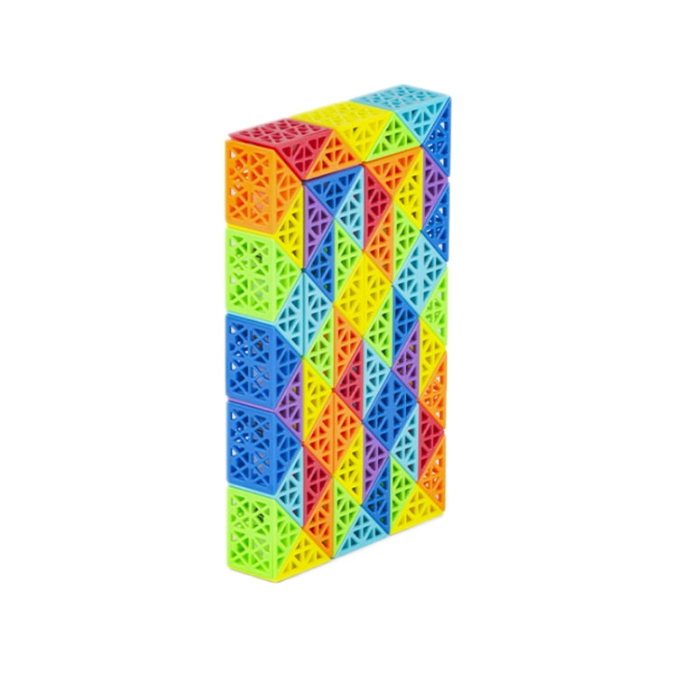 Hollow rainbow segment puzzle cube with lattice blocks and vertical geometric stripes