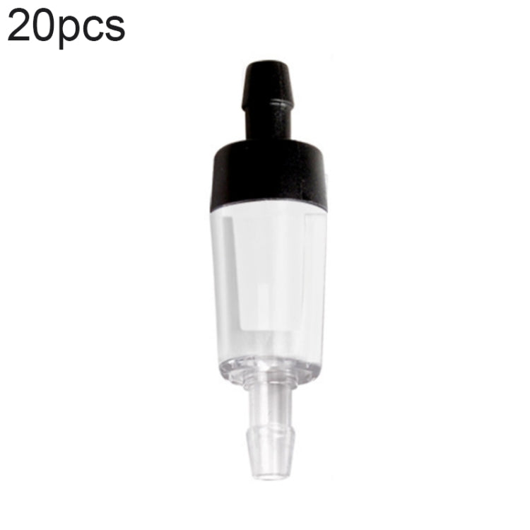 Fish tank oxygen pump check valve with black housing and clear internal chamber
