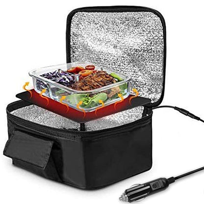 Black electric heated lunch box with open clear lid and insulated inner lining