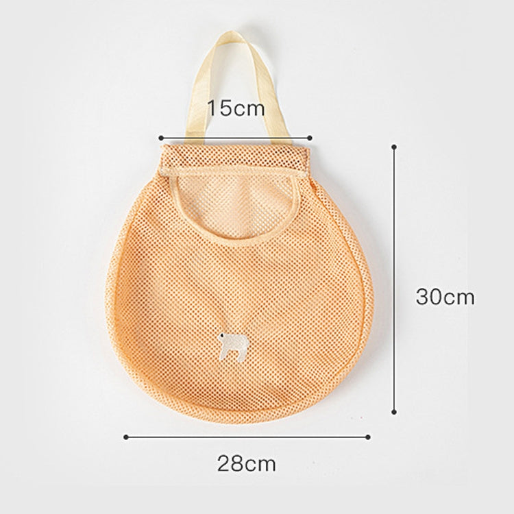 Orange mesh wall-hanging produce storage bag with top handle and rounded front