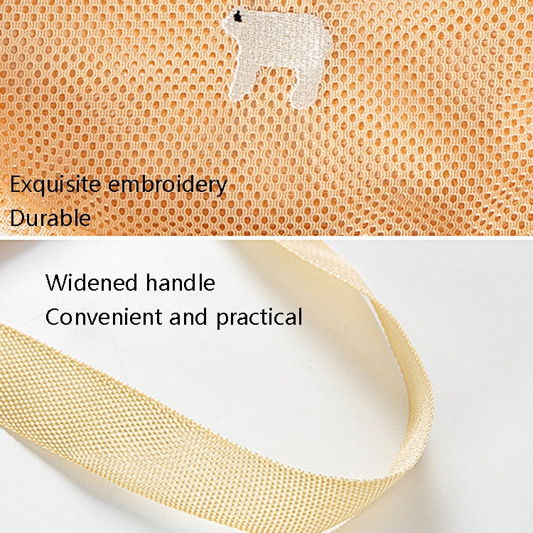 Orange mesh produce bag detail with reinforced widened handle and side pocket