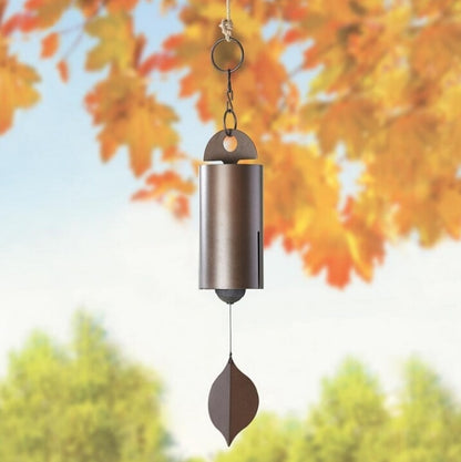 Bronze metal wind chime with cylinder body and leaf-shaped metal clapper